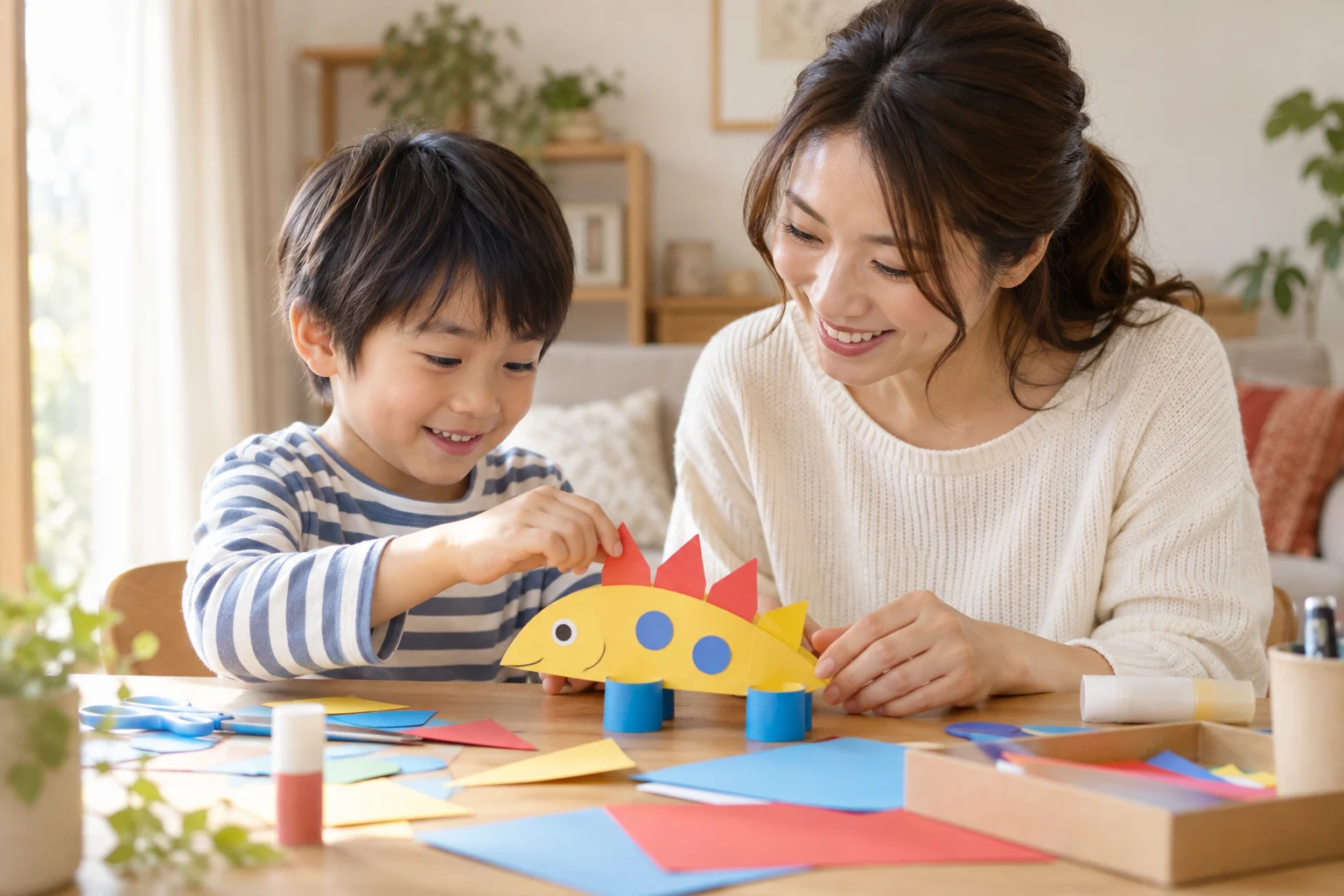 色画用紙で恐竜をつくる子どもと保護者
