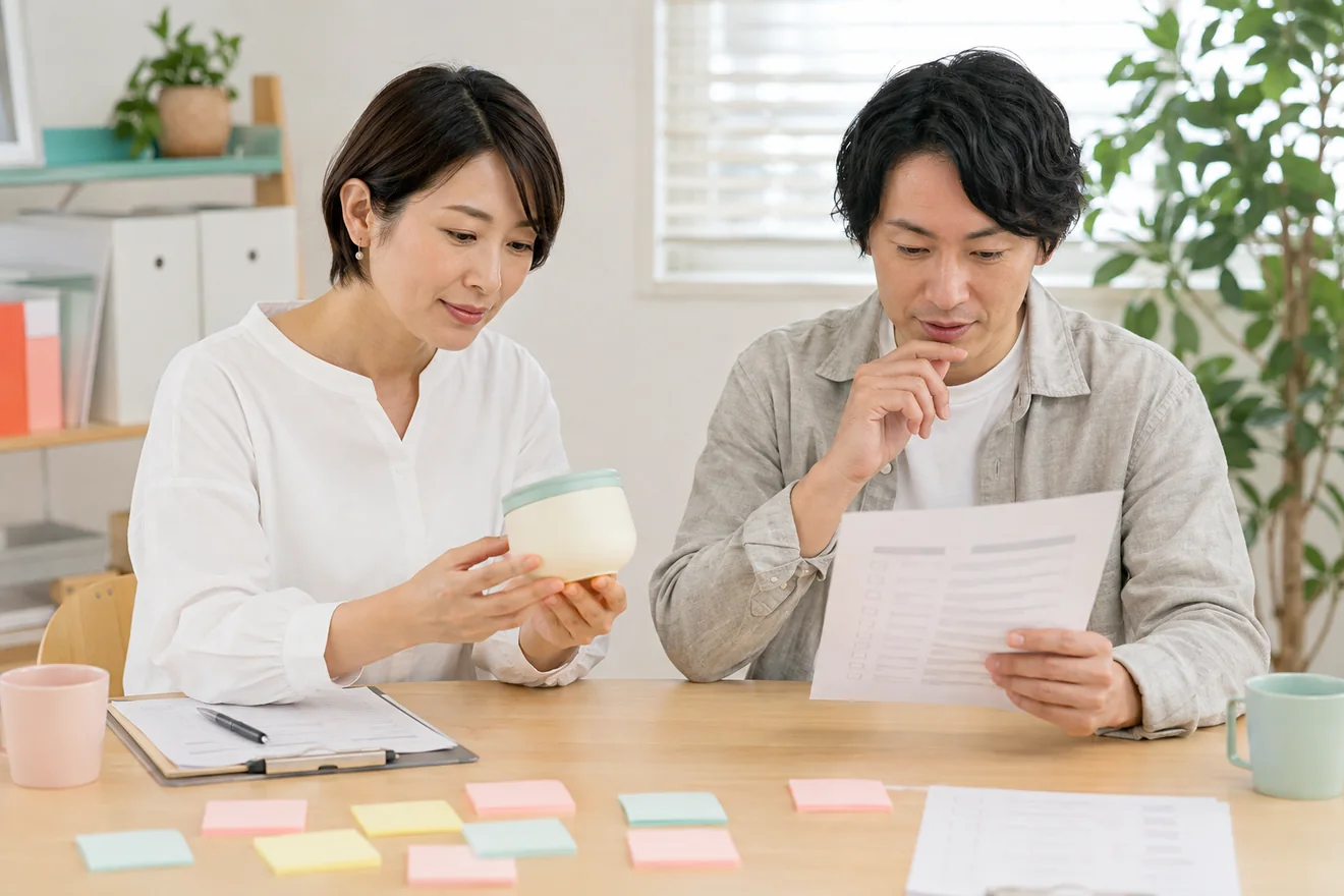 商品と評価資料を確認する専門家