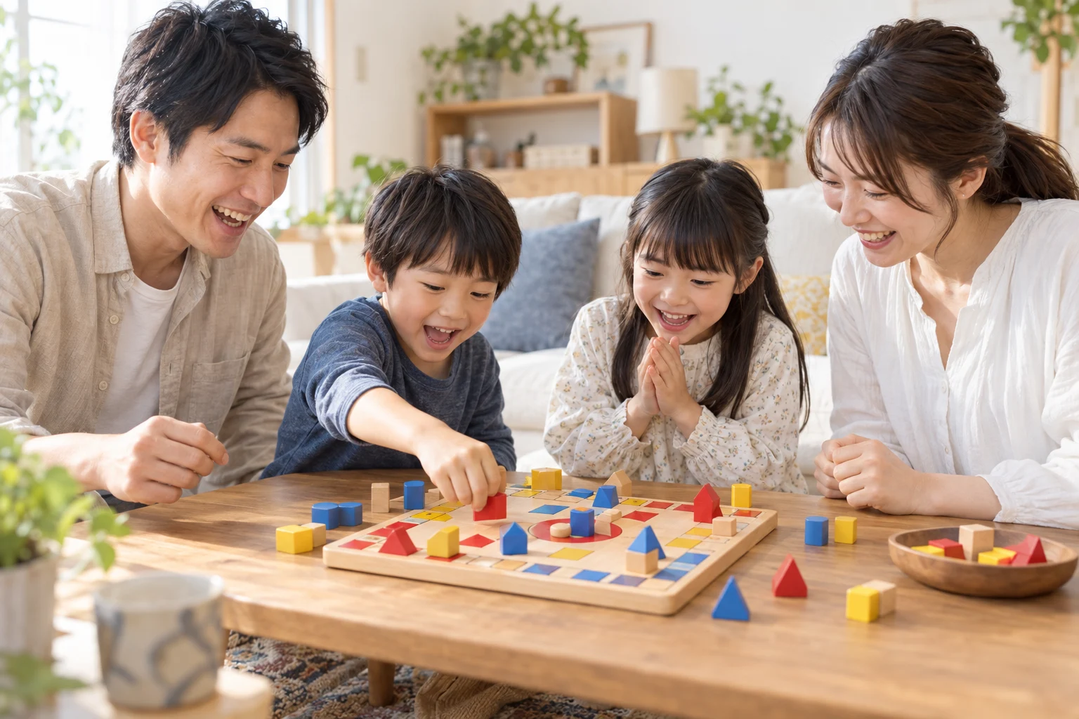 木のボードゲームを囲んで楽しむ家族