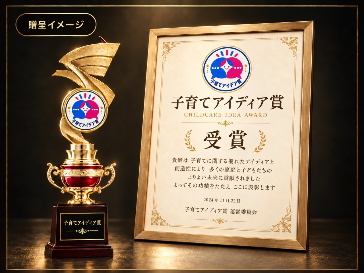 子育てアイデア賞の金色のトロフィーと額装された賞状の贈呈イメージ
