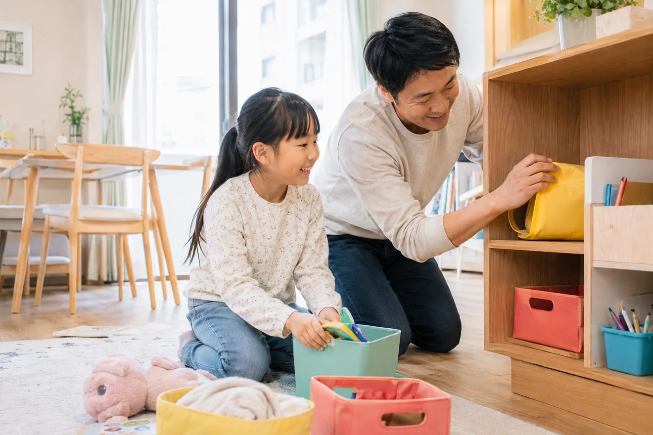子ども用品を一緒に片付ける親子