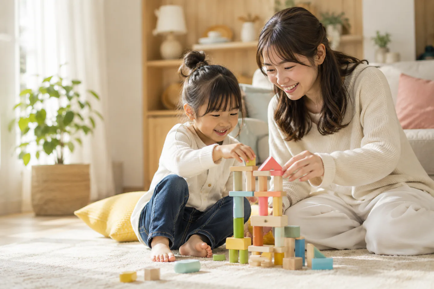 明るい部屋で積み木を楽しむ親子