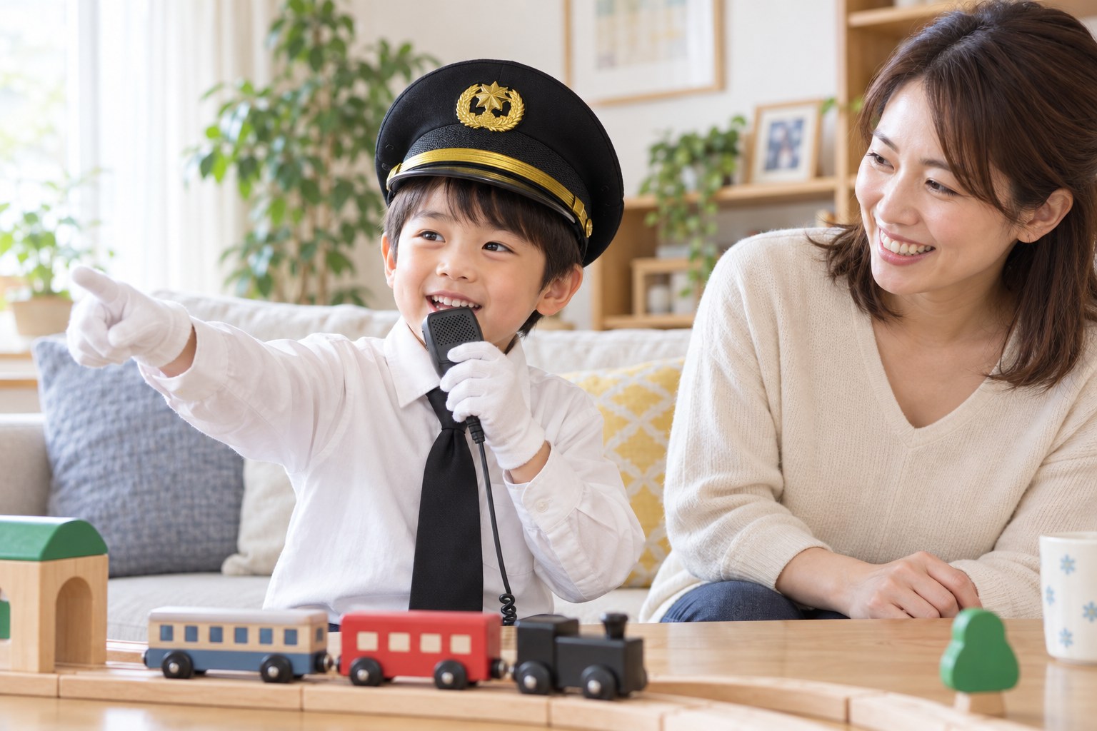 帽子と白手袋を着けてマイクでアナウンスし、お母さんと電車ごっこを楽しむ子ども