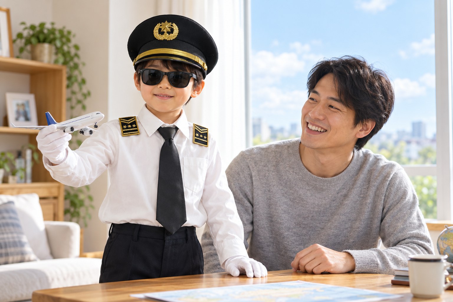 帽子とサングラスを着け、お父さんとパイロットごっこを楽しむ子ども